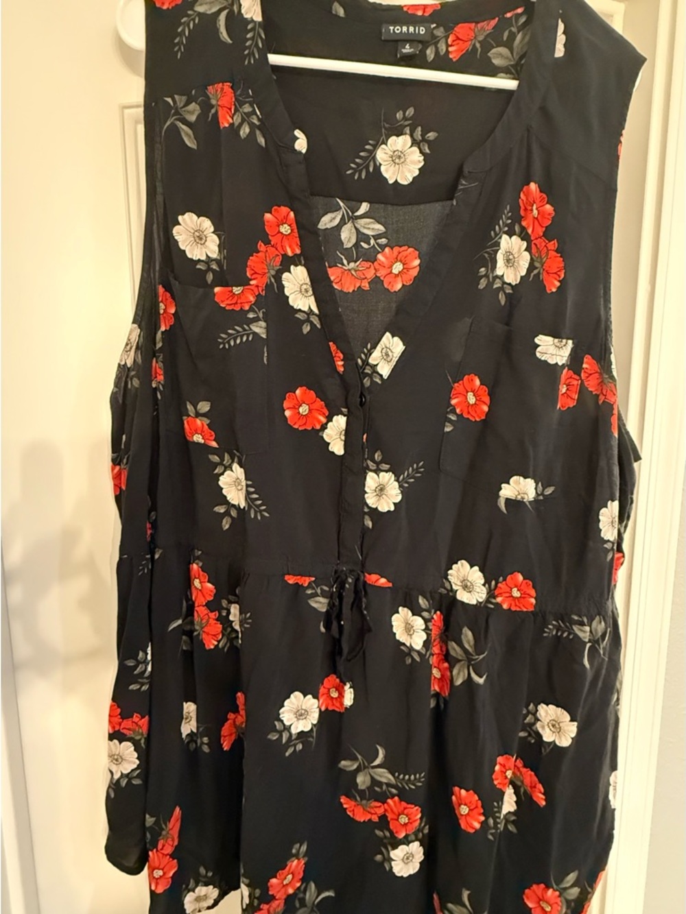Torrid Black Top with Red and White Floral Design